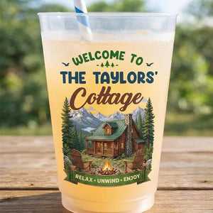 Personalized Family Name Plastic Cups - Wooden Cabin Campfire - Vacation Party