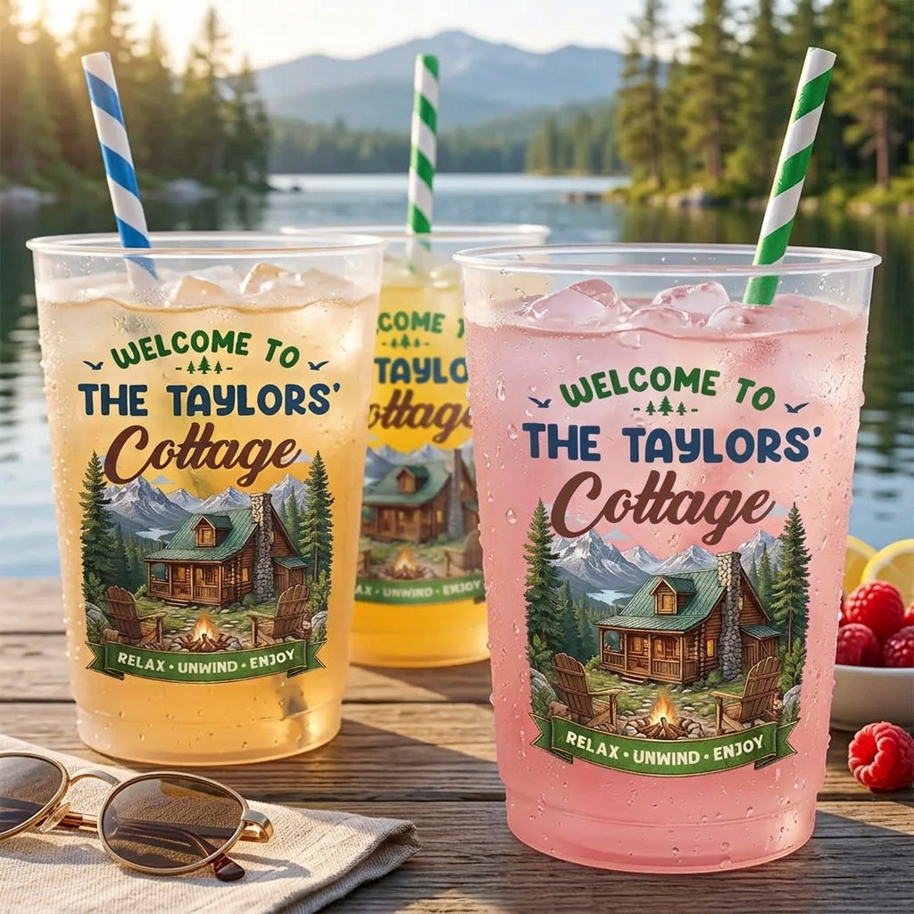 Personalized Family Name Plastic Cups - Wooden Cabin Campfire - Vacation Party