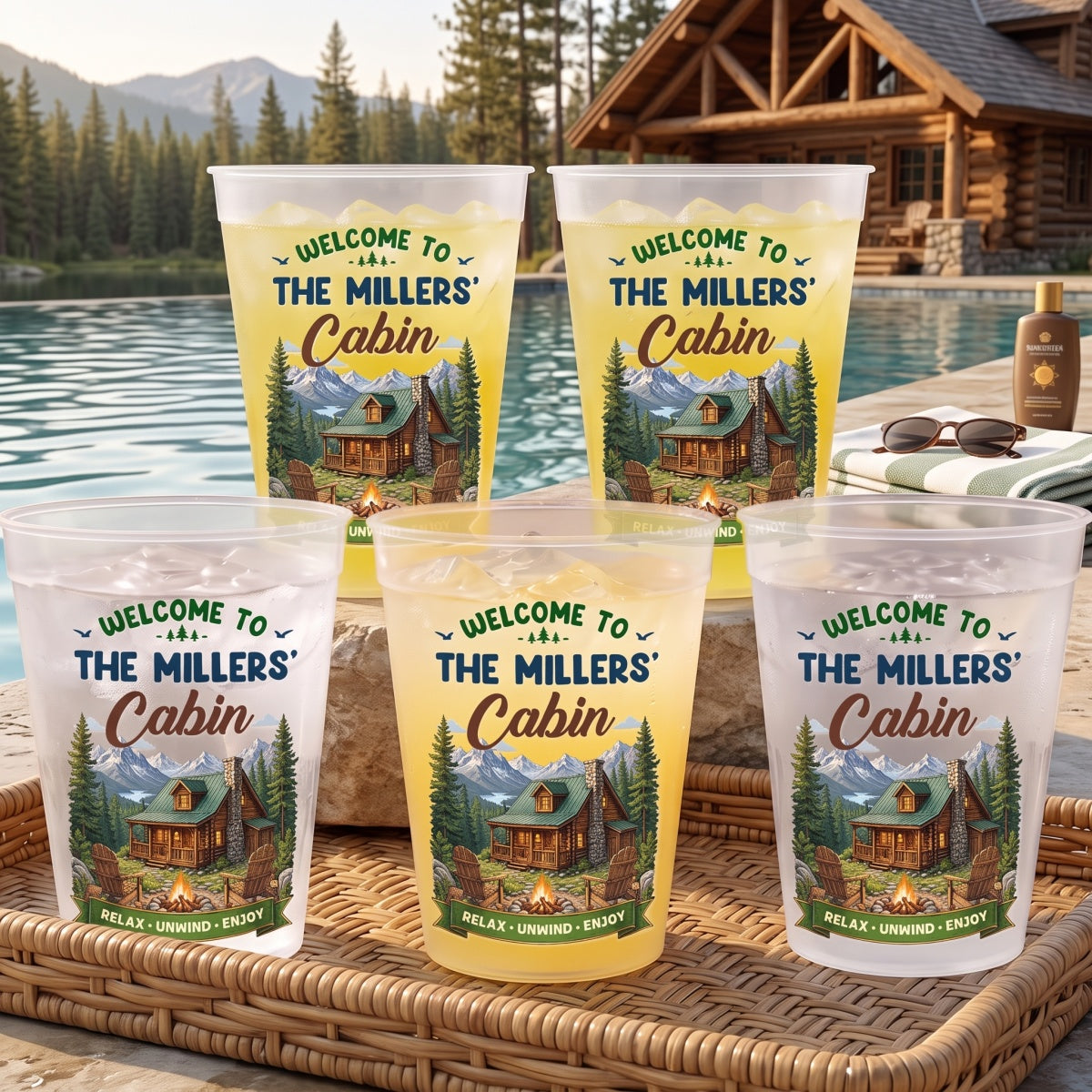 Personalized Family Name Plastic Cups - Wooden Cabin Campfire - Vacation Party