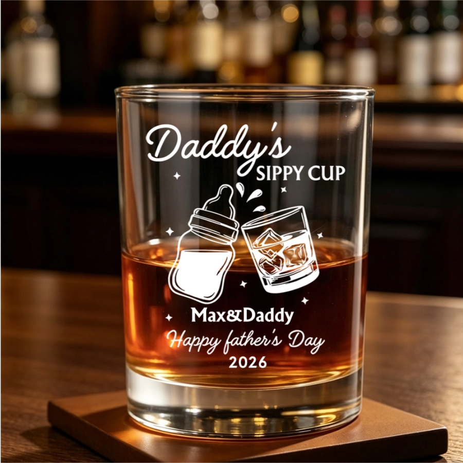 Personalized Daddy's Sippy Cup Whiskey Glass With Names & Baby Bottle - Father's Day Gift For Dad