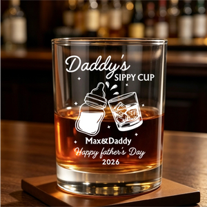 Personalized Daddy's Sippy Cup Whiskey Glass With Names & Baby Bottle - Father's Day Gift For Dad