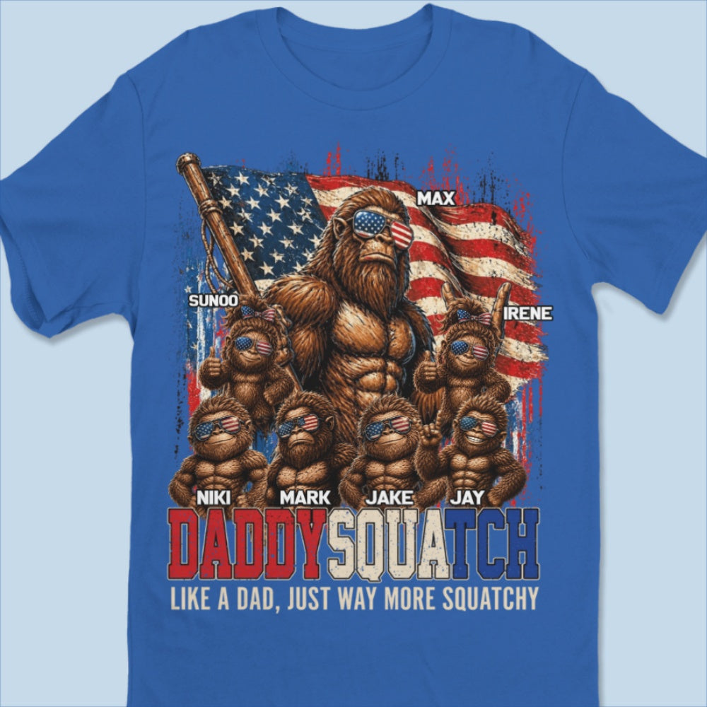 Personalized Names Dadsquatch T-Shirt With American Flag Bigfoot For Father's Day Gift
