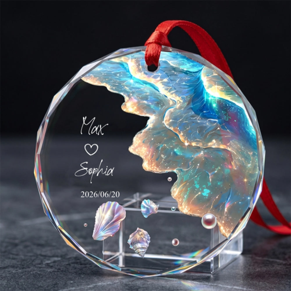 Personalized Names Date Glass Ornament With Ocean Wave Shell For Married Mr & Mrs Anniversary Gift