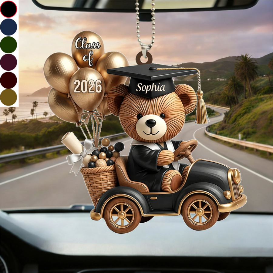 Personalized Scholar Bear Car Ornament With Name & Class Of 2026 Balloons - Graduation Gift For Son Daughter