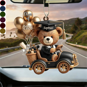 Personalized Scholar Bear Car Ornament With Name & Class Of 2026 Balloons - Graduation Gift For Son Daughter