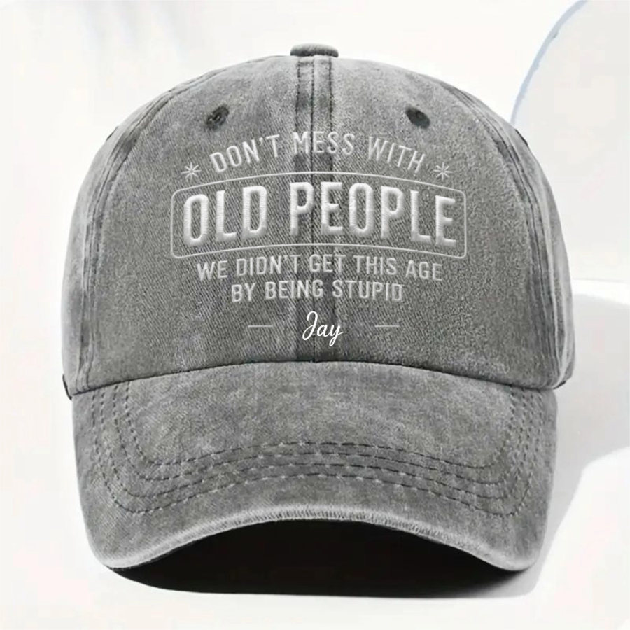 "Don't Mess With Old People" Washed Denim Cap With Name - Personalized Retirement Gift For Retirees