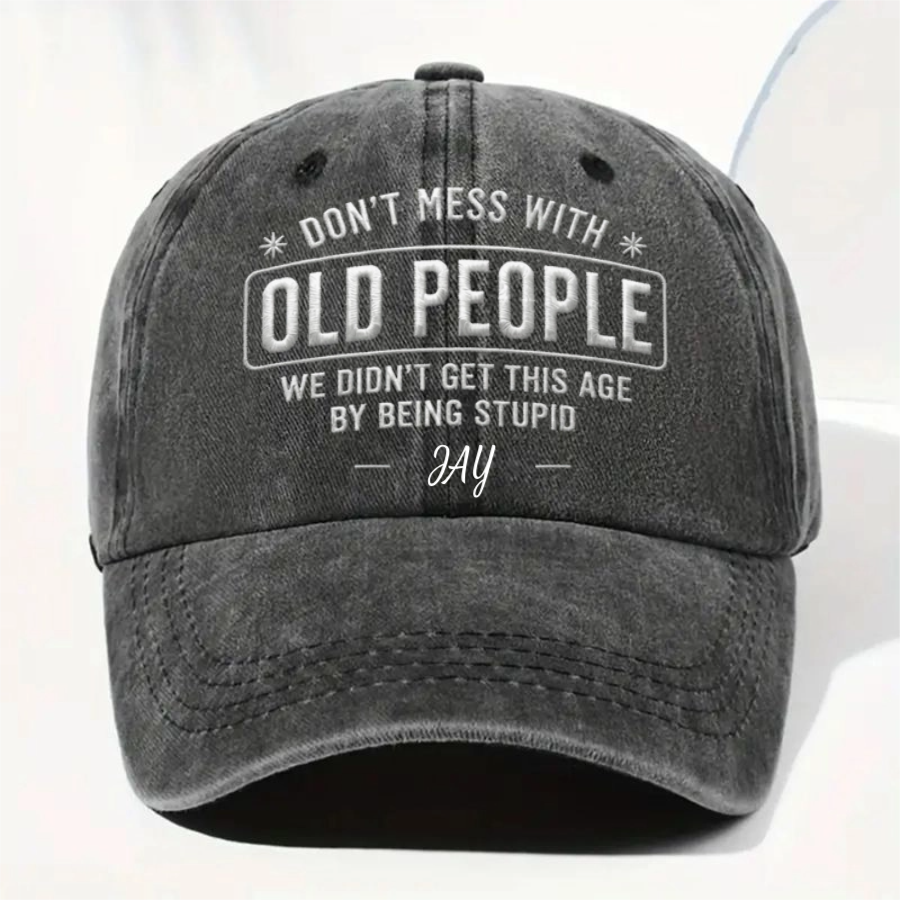 "Don't Mess With Old People" Washed Denim Cap With Name - Personalized Retirement Gift For Retirees