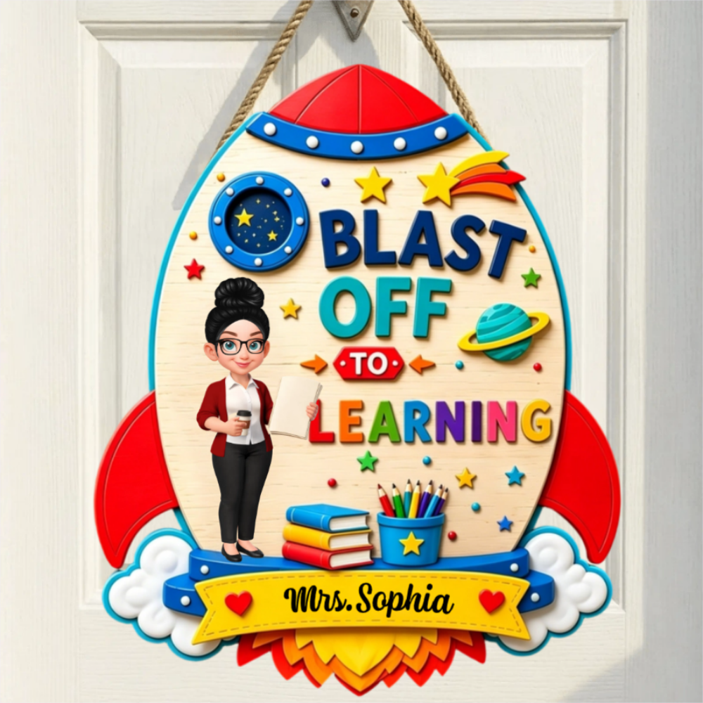 Personalized Teacher Name Wood Sign With Rocket Space Graphic For Back To School Classroom Decor