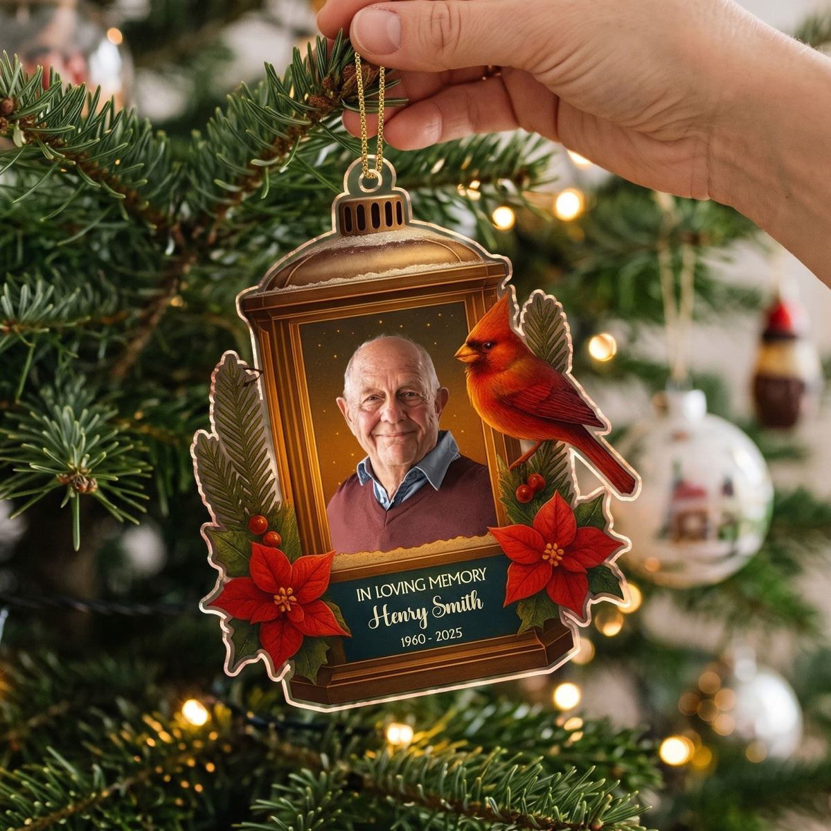 Personalized Photo "In Loving Memory" Christmas Ornament With Cardinal Lantern - Sympathy Gift