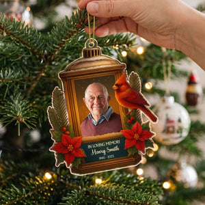 Personalized Photo "In Loving Memory" Christmas Ornament With Cardinal Lantern - Sympathy Gift