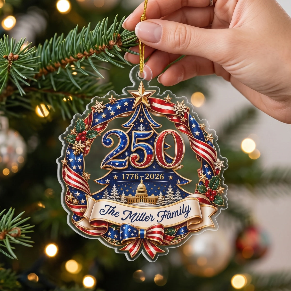 Personalized Family Name 250th Flag Wreath & Capitol Acrylic Ornament For Christmas Decor