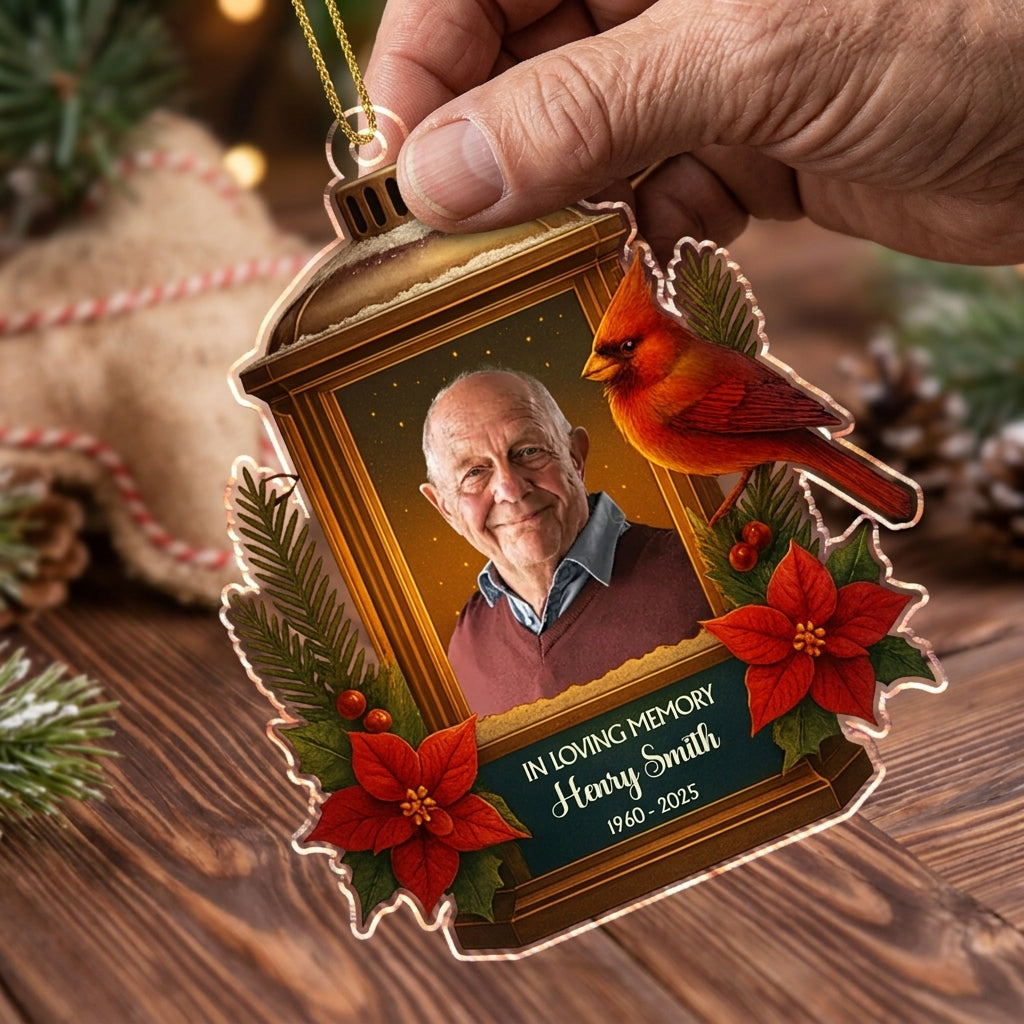 Personalized Photo "In Loving Memory" Christmas Ornament With Cardinal Lantern - Sympathy Gift