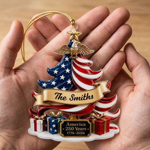 Personalized Family Name 250th Acrylic Ornament With USA Flag Tree Eagle For Christmas Gift