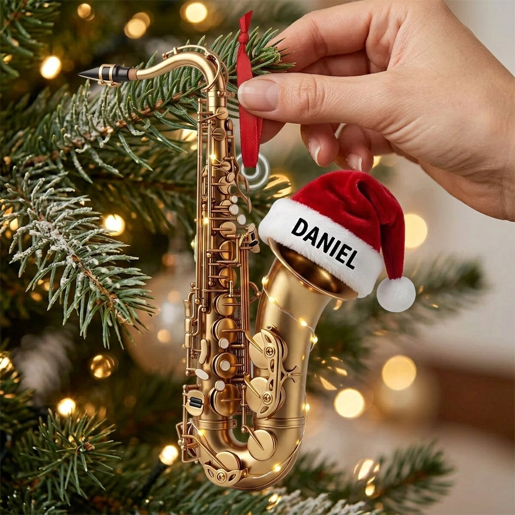Personalized Name Saxophone Christmas Ornament With Santa Hat | Keepsake Gift For Band Player