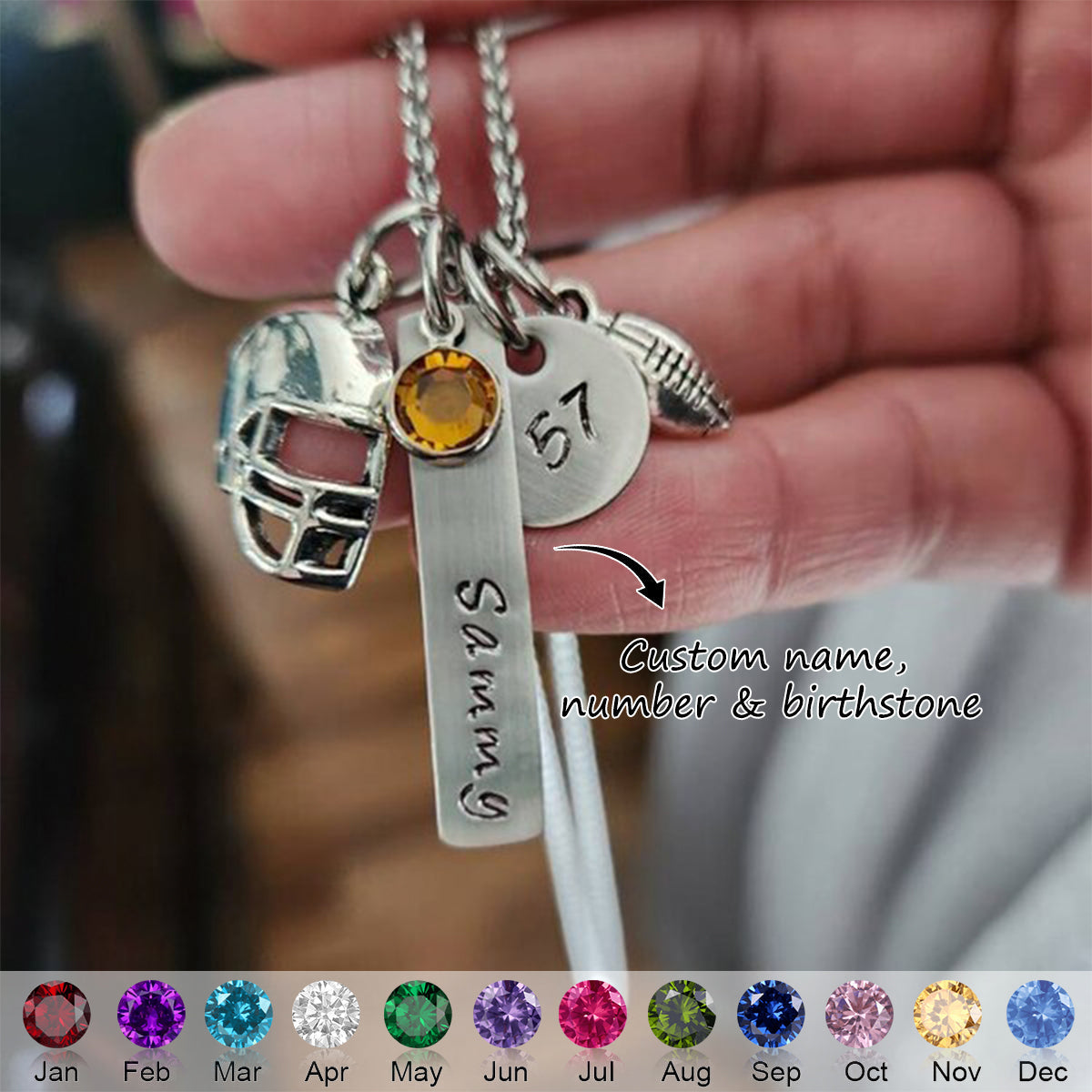 Football Helmet Custom Birthstone Engraved Name and Number Personalized Necklace, Gift For Football Lover