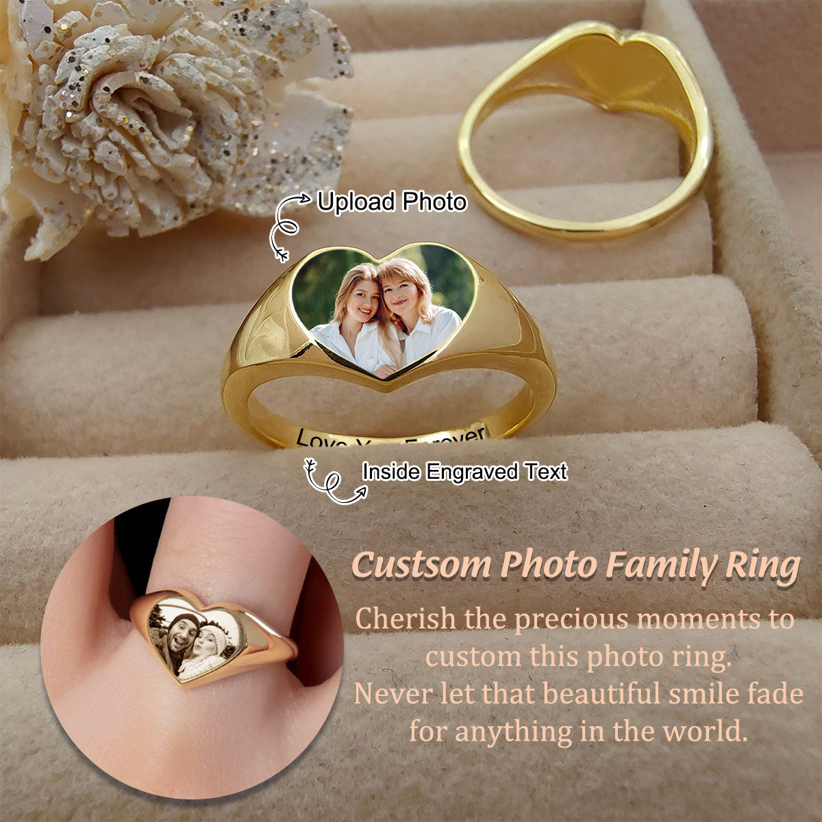 Custom Heart Shaped Photo Engraved Text Personalized Ring, Gift For Couple, Mom/Grandma,Mother'Day Gift