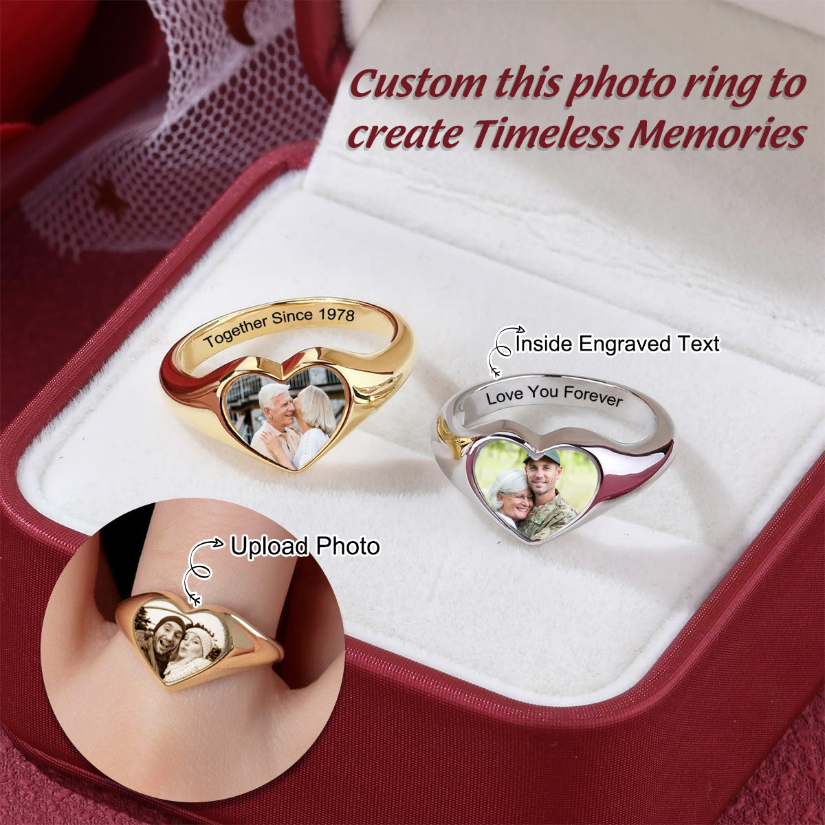 Custom Heart Shaped Photo Engraved Text Personalized Ring, Gift For Couple, Mom/Grandma,Mother'Day Gift