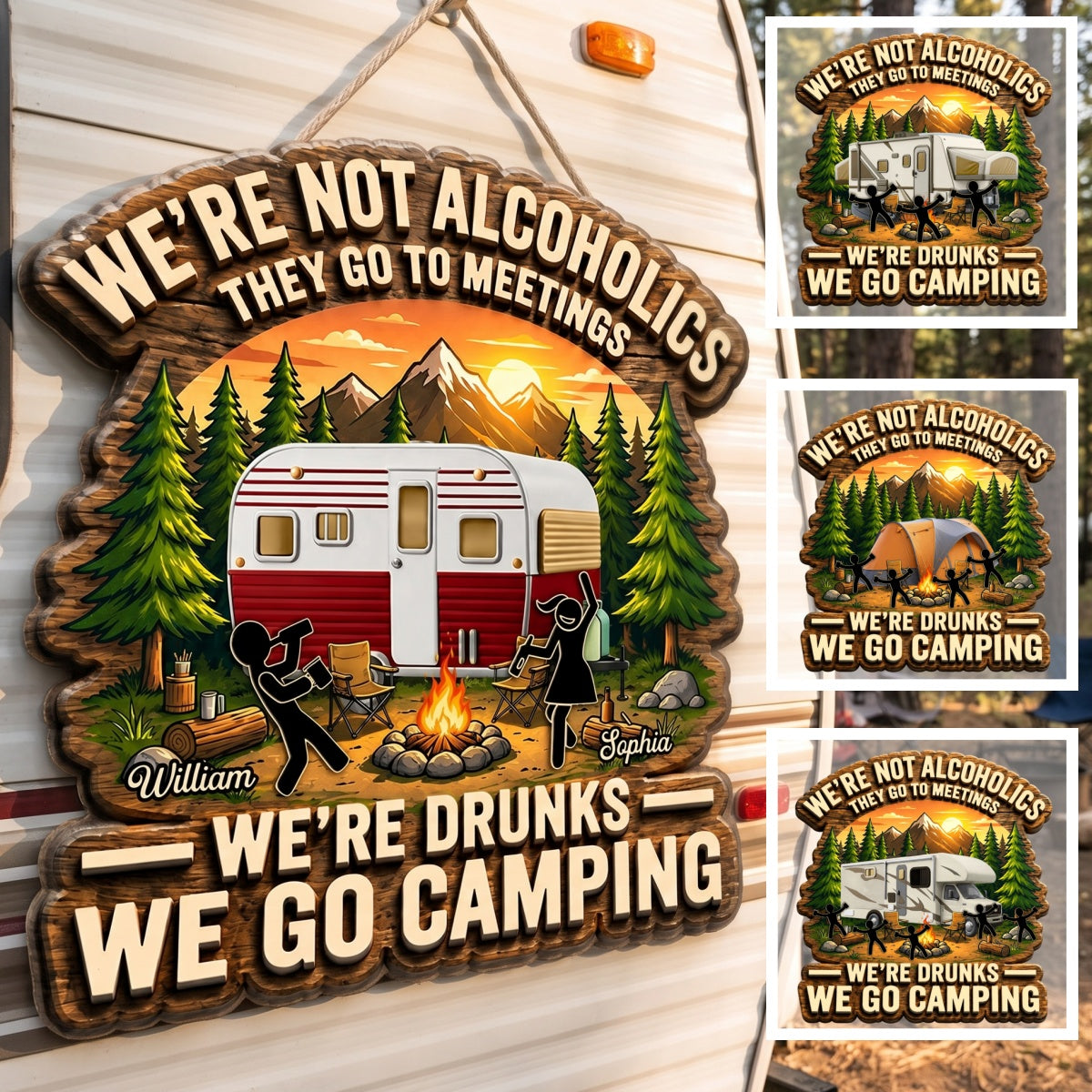 Personalized Names Alcoholics Stickman Bonfire Wooden Sign With RV Camping For Funny Camper Decor