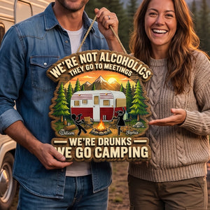 Personalized Names Alcoholics Stickman Bonfire Wooden Sign With RV Camping For Funny Camper Decor