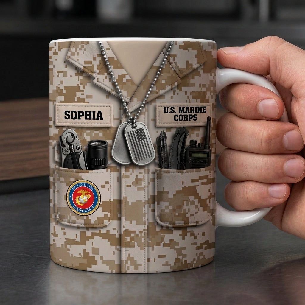 Personalized Name US Army Ceramic Coffee Mug With Camo Uniform Dog Tag For 4th Of July