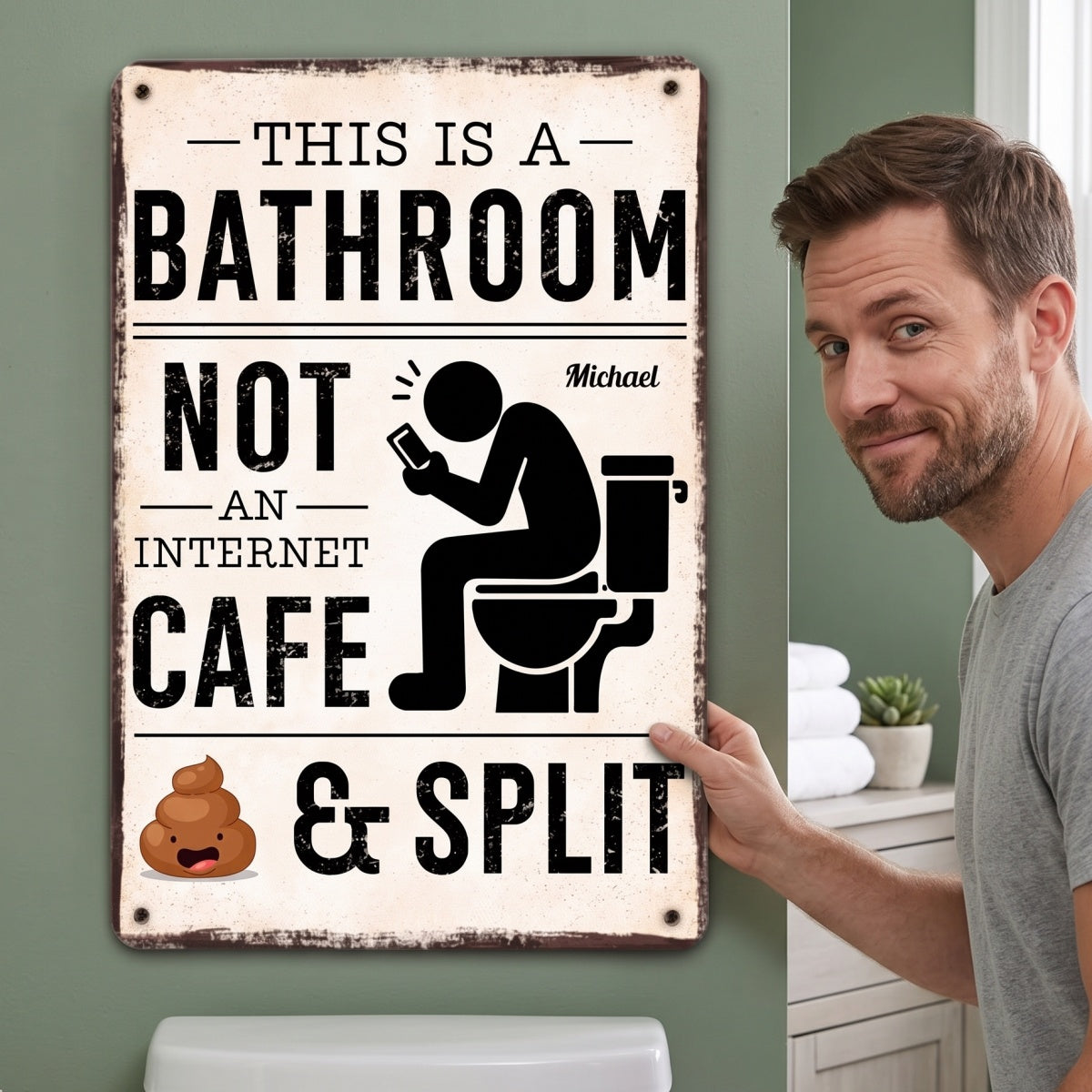 Personalized Name Vintage Funny Poop Art Metal Sign For Bathroom Decor
