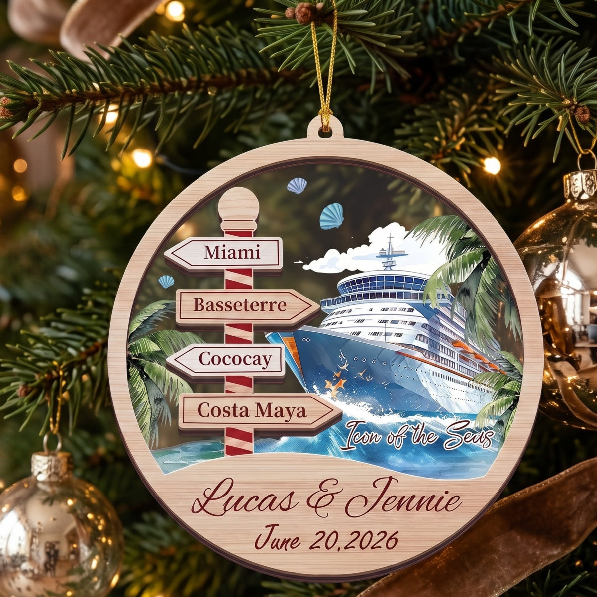 Personalized Name Christmas Ornament With Cruise Ship & Signpost For Vacation Gift