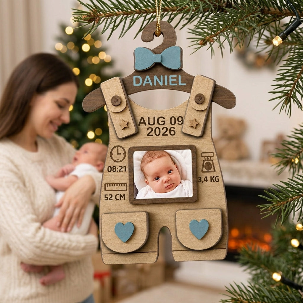 Personalized Photo Baby First Christmas Wooden Ornament With Birth Stats - Baby Milestone Keepsake