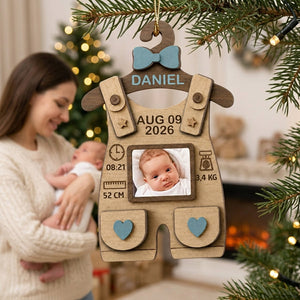 Personalized Photo Baby First Christmas Wooden Ornament With Birth Stats - Baby Milestone Keepsake