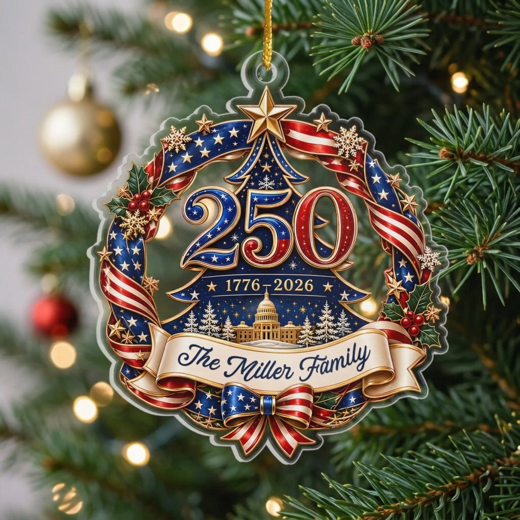 Personalized Family Name 250th Flag Wreath & Capitol Acrylic Ornament For Christmas Decor