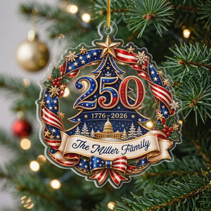 Personalized Family Name 250th Flag Wreath & Capitol Acrylic Ornament For Christmas Decor