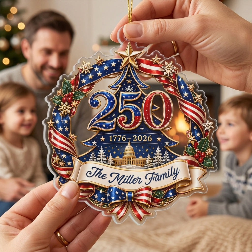 Personalized Family Name 250th Flag Wreath & Capitol Acrylic Ornament For Christmas Decor