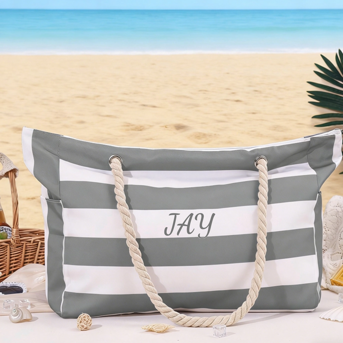 Personalized Waterproof Striped Beach Bag With Embroidered Name - Vacation Gift For Women