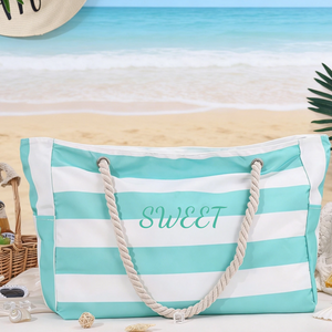 Personalized Waterproof Striped Beach Bag With Embroidered Name - Vacation Gift For Women
