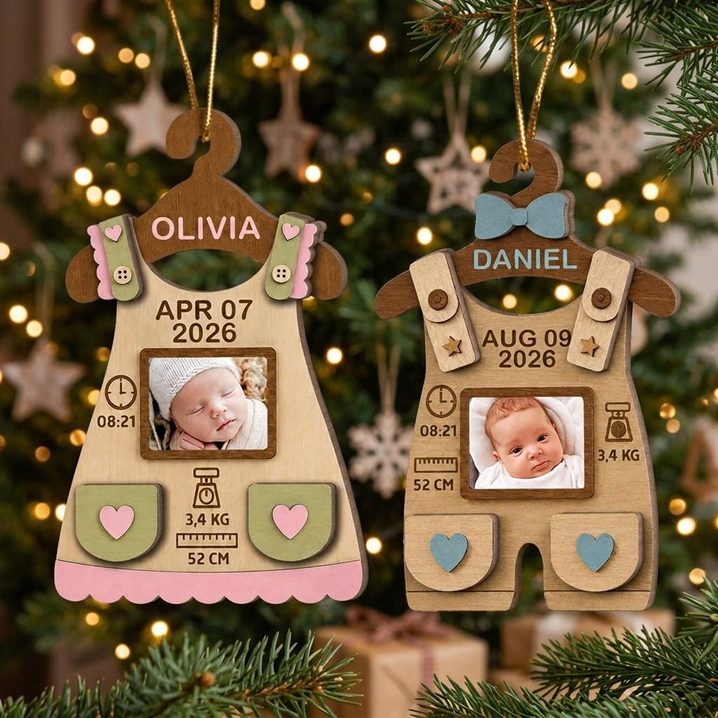 Personalized Photo Baby First Christmas Wooden Ornament With Birth Stats - Baby Milestone Keepsake