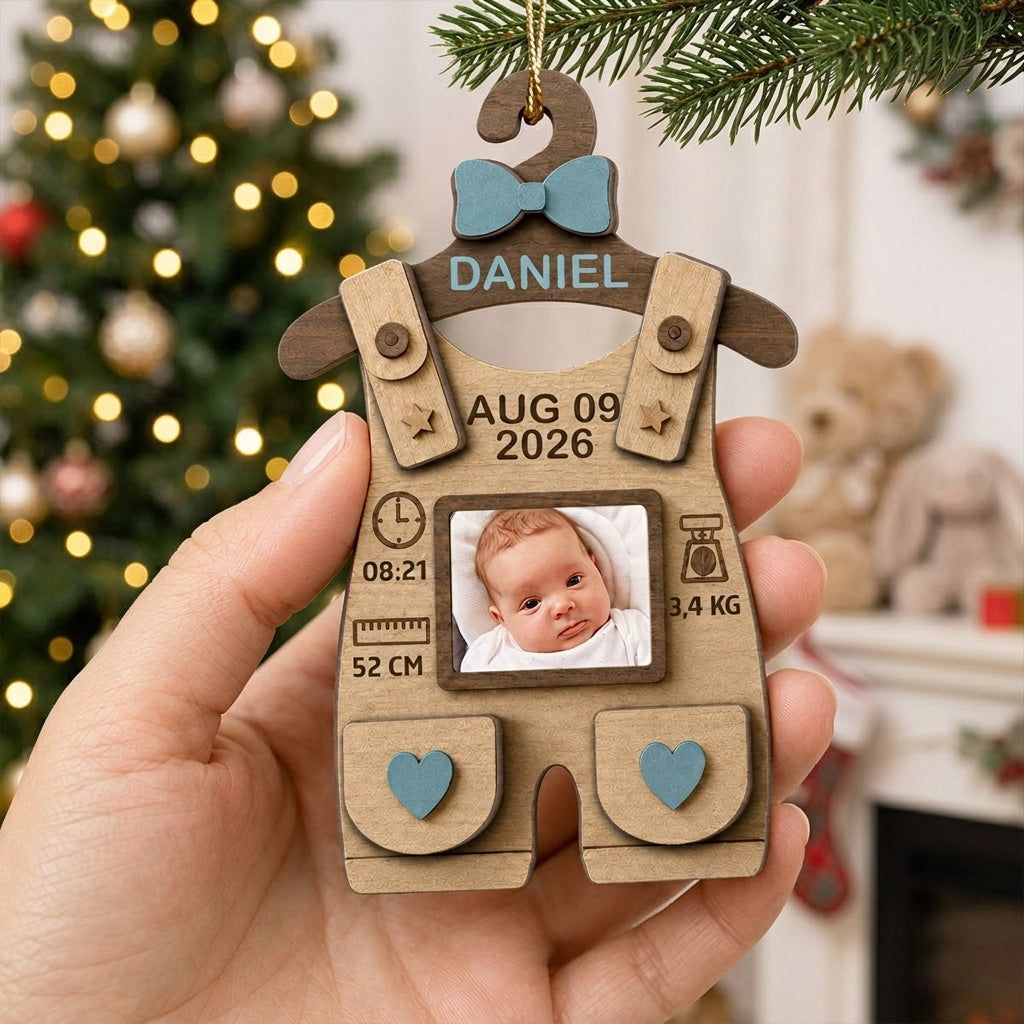 Personalized Photo Baby First Christmas Wooden Ornament With Birth Stats - Baby Milestone Keepsake