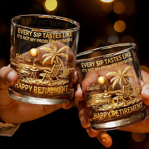 Personalized "Every Sip Tastes Like Happy Retirement"  Whiskey Glass With Name | Palm Trees Beach Chair Sun | Funny Gift For Dad Grandpa Coworkers