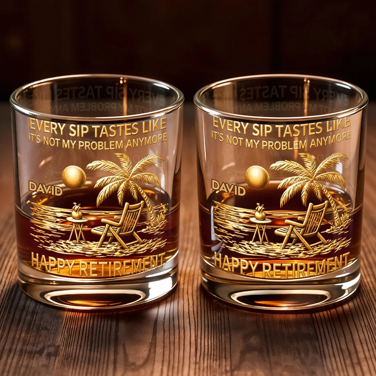 Personalized "Every Sip Tastes Like Happy Retirement"  Whiskey Glass With Name | Palm Trees Beach Chair Sun | Funny Gift For Dad Grandpa Coworkers
