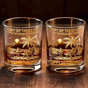 Personalized "Every Sip Tastes Like Happy Retirement"  Whiskey Glass With Name | Palm Trees Beach Chair Sun | Funny Gift For Dad Grandpa Coworkers