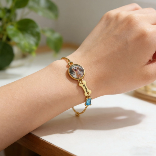 Personalized Birthstone Charm Memorial Bracelet With Bespoke Dog Photo & Birthstone & Name Engraving - Loss Sympathy Gift For Pet Moms