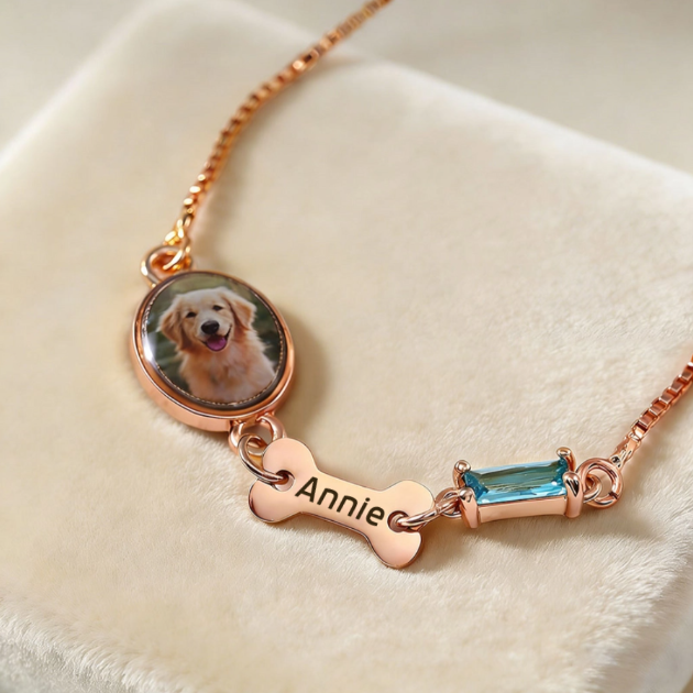 Personalized Birthstone Charm Memorial Bracelet With Bespoke Dog Photo & Birthstone & Name Engraving - Loss Sympathy Gift For Pet Moms