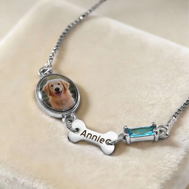 Personalized Birthstone Charm Memorial Bracelet With Bespoke Dog Photo & Birthstone & Name Engraving - Loss Sympathy Gift For Pet Moms