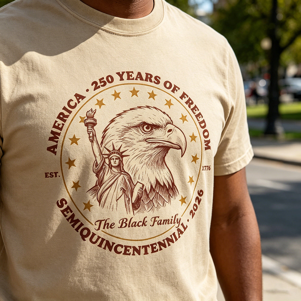 Personalized USA 250 Years Of Freedom Tee With Eagle Liberty Crest - Independence 2026 Gift For Family