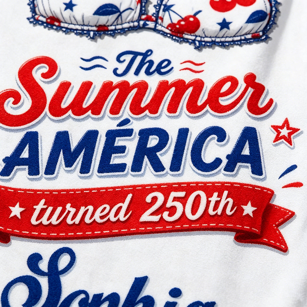 Personalized America 250th Beach Towel With Cherry Stars Stripes Bikini - Independence Gift For Her