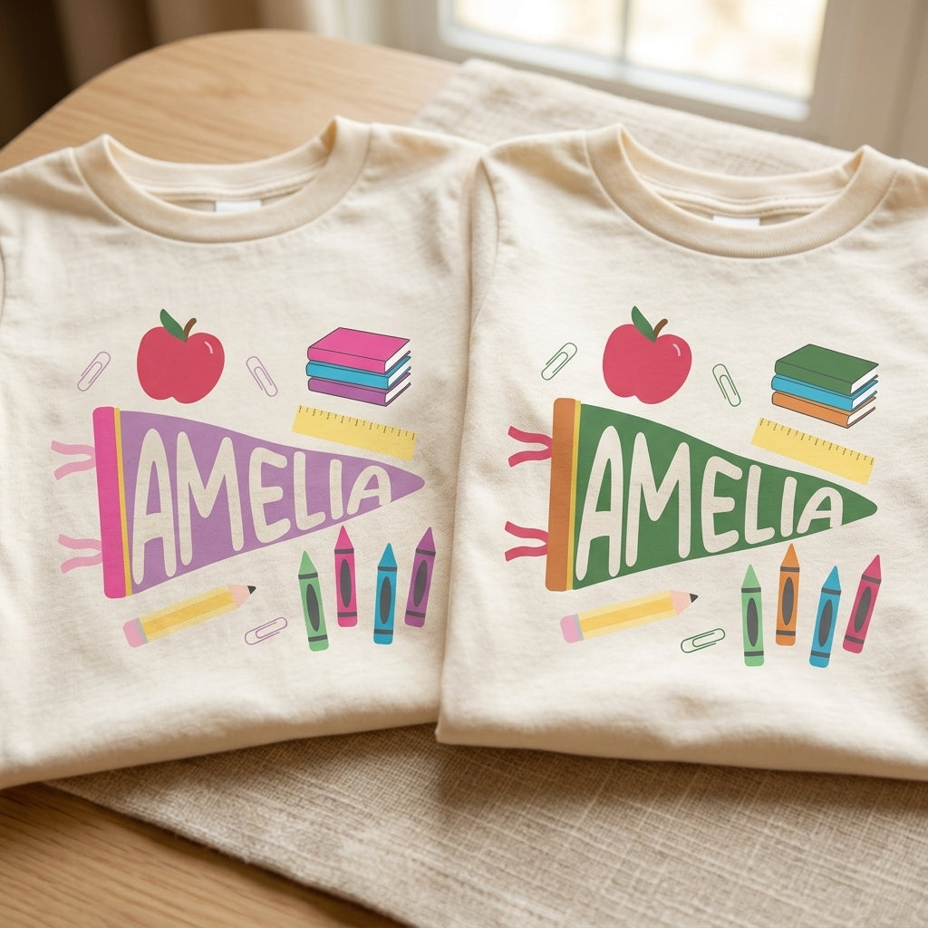 Personalized Name Kids T-Shirt With Pennant Flag School Doodle For Back To School Gift