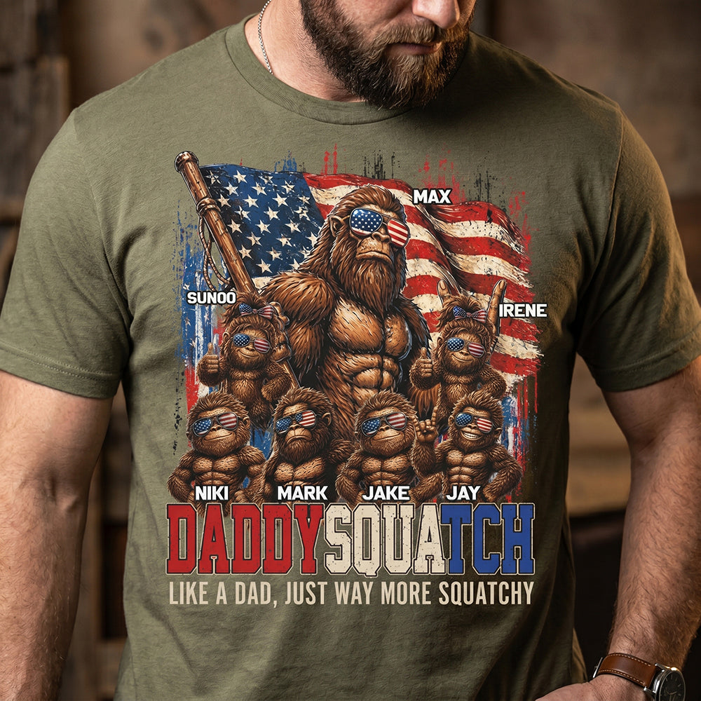 Personalized Names Dadsquatch T-Shirt With American Flag Bigfoot For Father's Day Gift