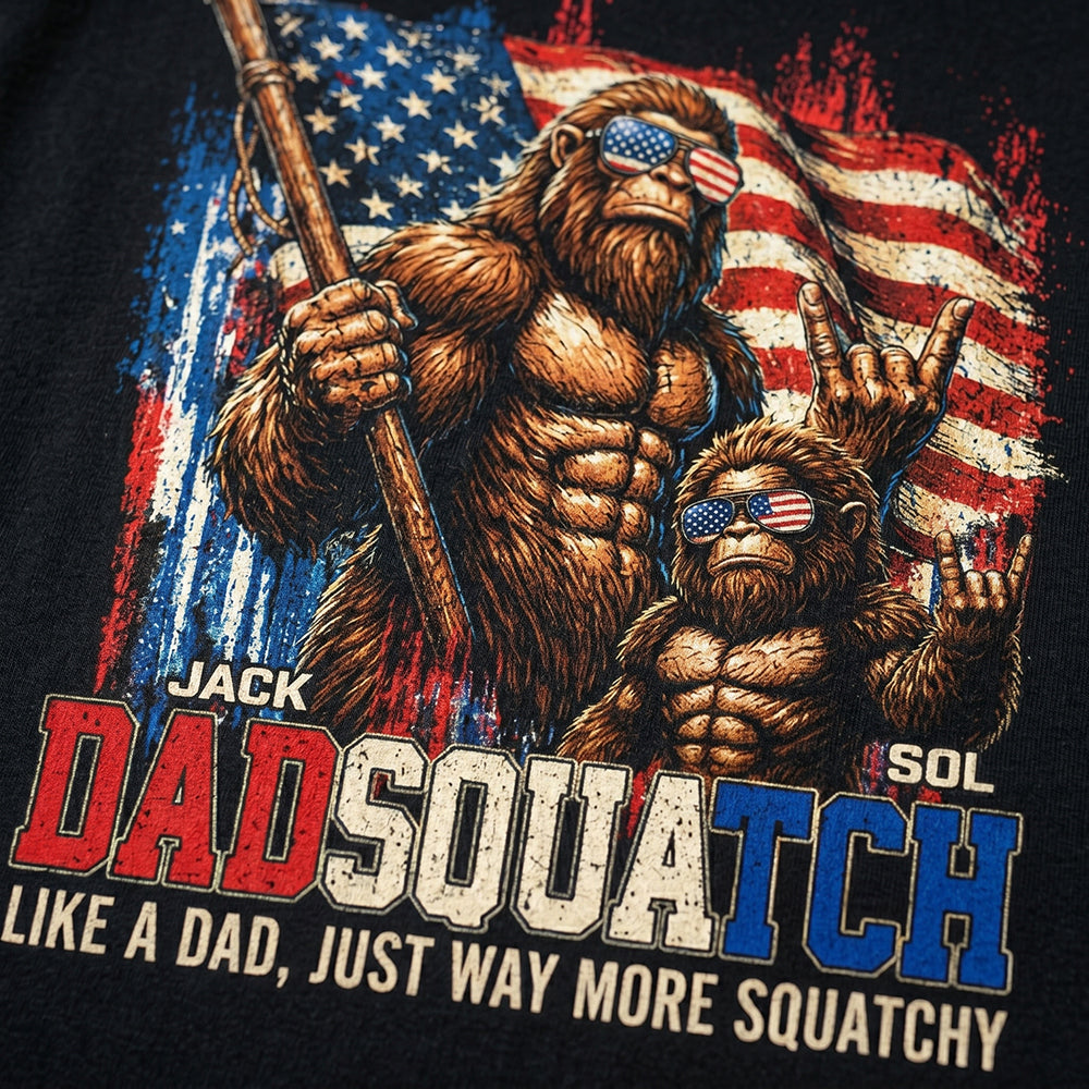 Personalized Names Dadsquatch T-Shirt With American Flag Bigfoot For Father's Day Gift