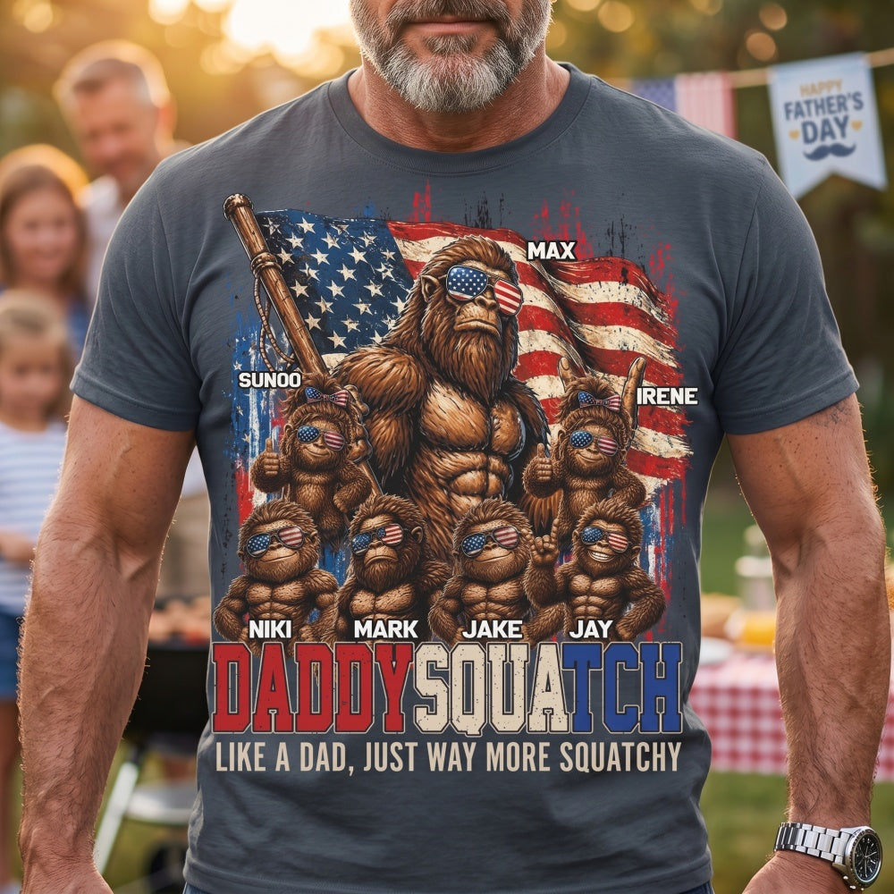 Personalized Names Dadsquatch T-Shirt With American Flag Bigfoot For Father's Day Gift