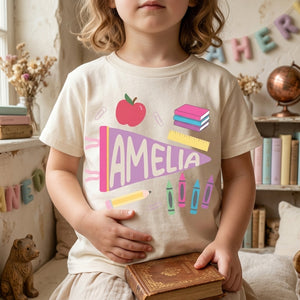 Personalized Name Kids T-Shirt With Pennant Flag School Doodle For Back To School Gift