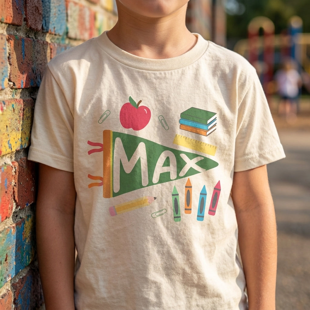 Personalized Name Kids T-Shirt With Pennant Flag School Doodle For Back To School Gift