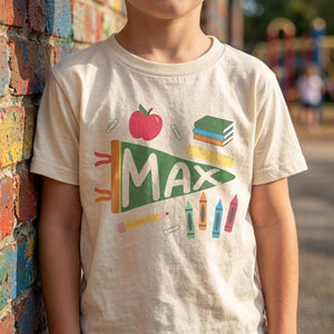 Personalized Name Kids T-Shirt With Pennant Flag School Doodle For Back To School Gift